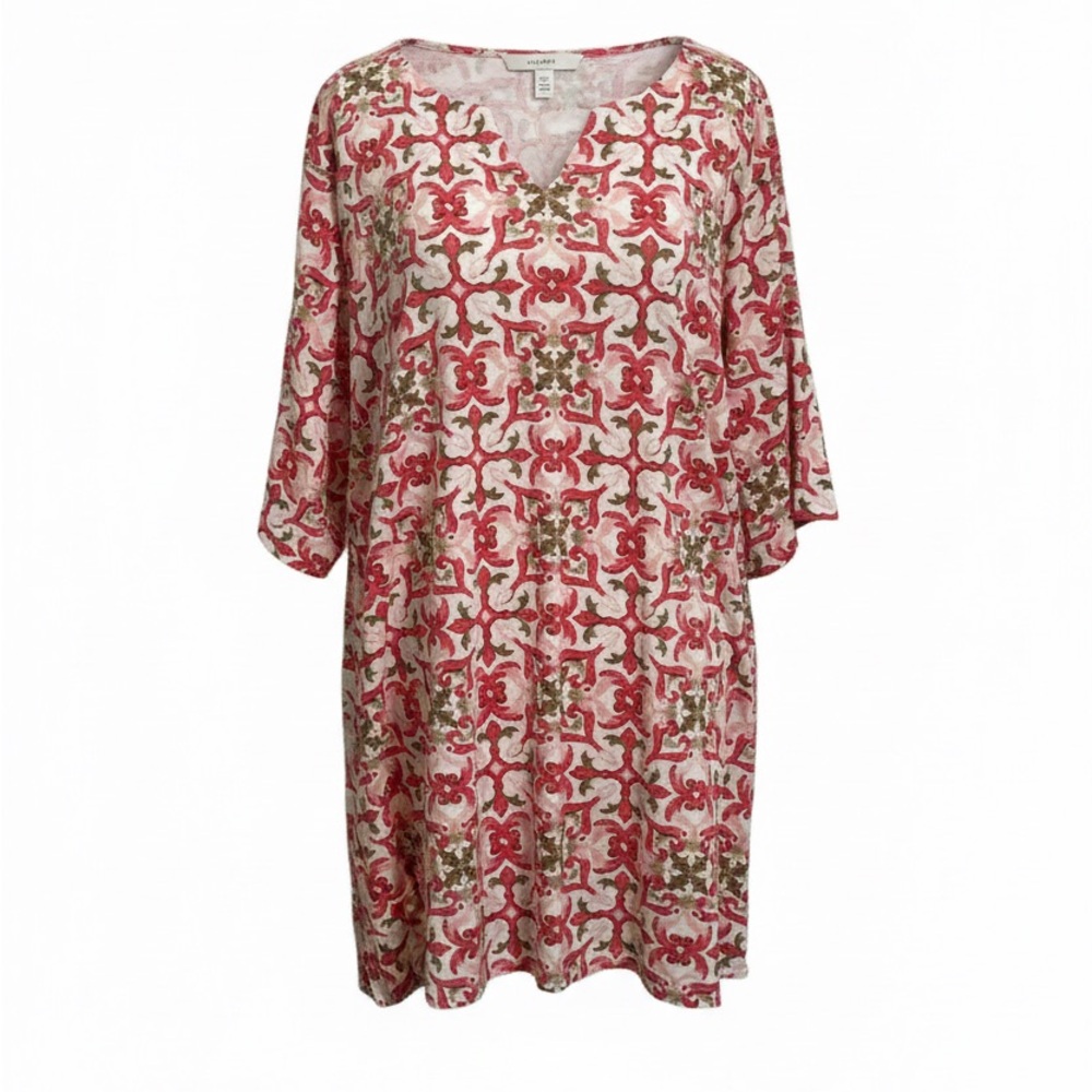 Croft & Barrow 3X Cotton Ornate Print Classic Split neck Short Sleeve Tee